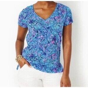 Lilly Pulitzer Top V-Neck T-Shirt Shells and Bells Meredith Size Small